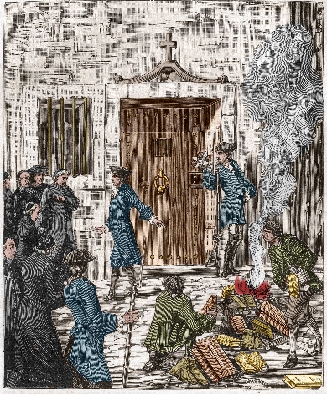 Verurteilung der Societe des Jesuites nach der Entscheidung des Parlements von Paris vom 6. August 1762. Das Gericht ordnete an, dass mehr als 24 Bücher und Schriften der Jesuiten vom Henker verbrannt werden. Gravur des 19. Jahrhunderts. von French School
