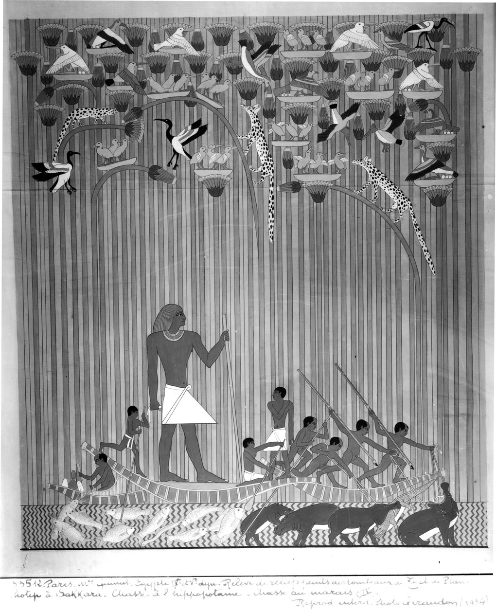 Kopie eines ägyptischen bemalten Reliefs darstellend Fischfang und Harpunieren eines Nilpferds, aus dem Grab von Ti und Ptah-Hotep in Saqqara, 5. Dynastie, Altes Reich von French School