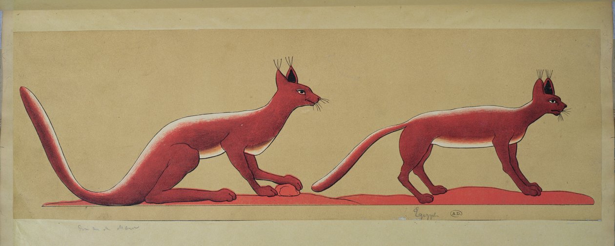 Kopie eines antiken ägyptischen Wandgemäldes, das zwei Wildkatzen darstellt von French School
