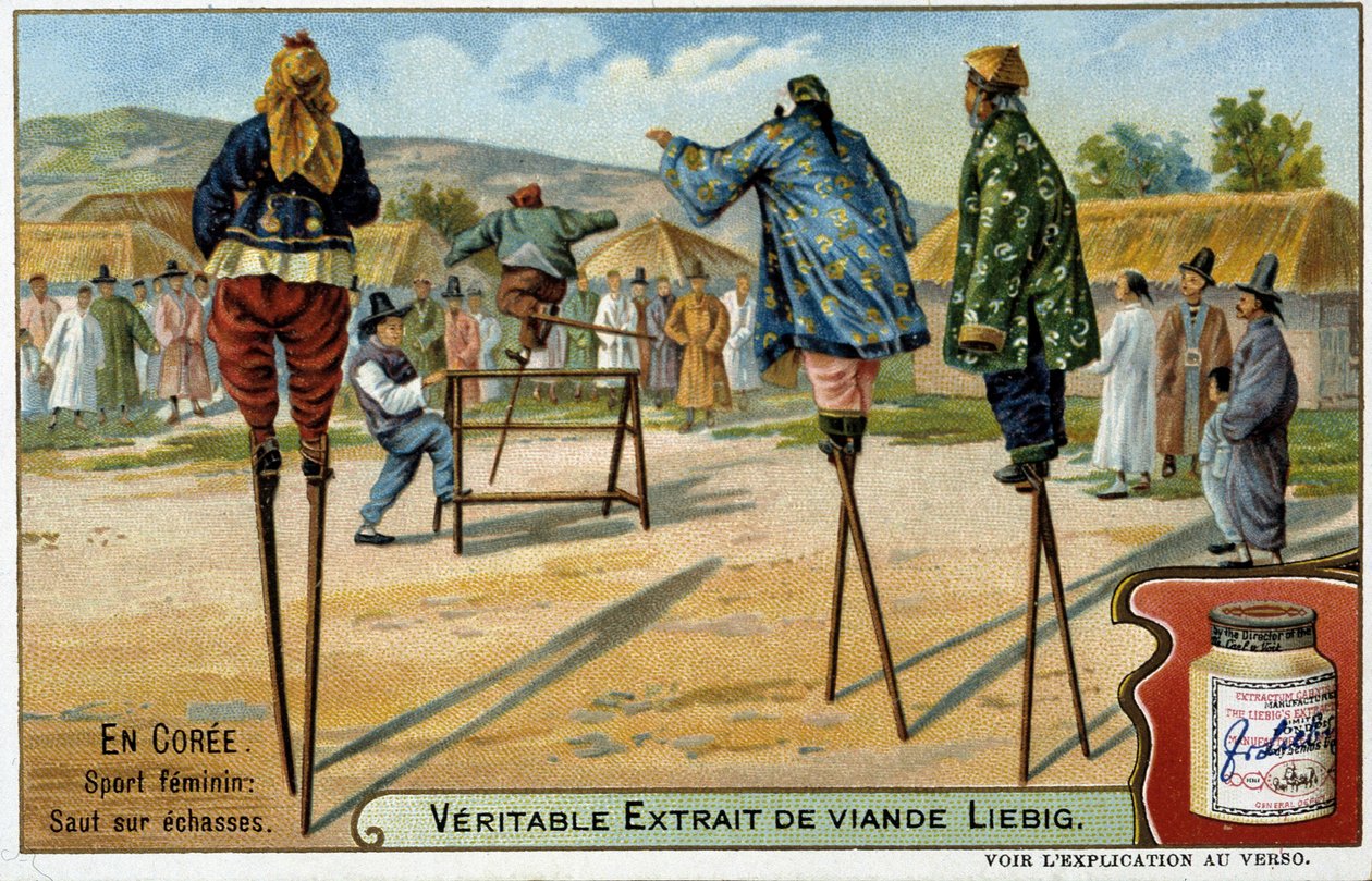 Korea: Frauensport des Stelzenlaufens - Chromo Liebig, um 1900 von French School