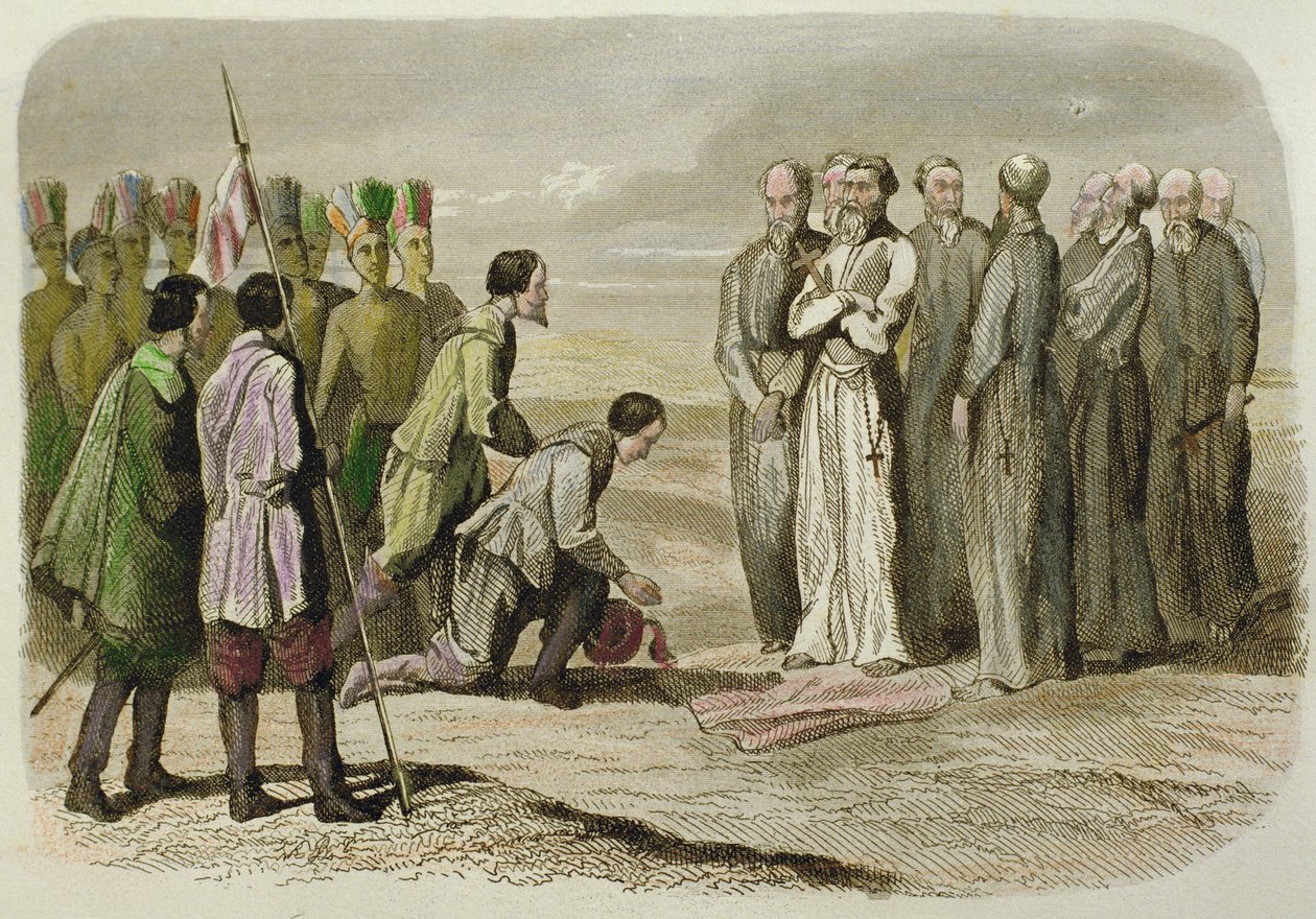 Cortes zu Füßen von Martin de Valencia von French School