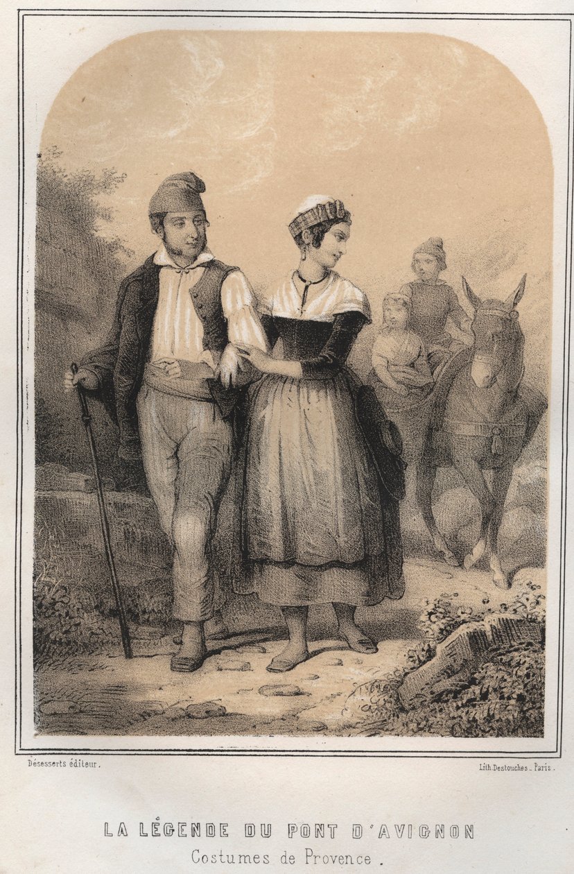 Kostüme der Provence - Die Legende der Brücke von Avignon - Gravur in "Die Abende meines Onkels Erinnerungen und Reiseberichte" von MORING MICHEL - Ende des 19. Jahrhunderts von French School