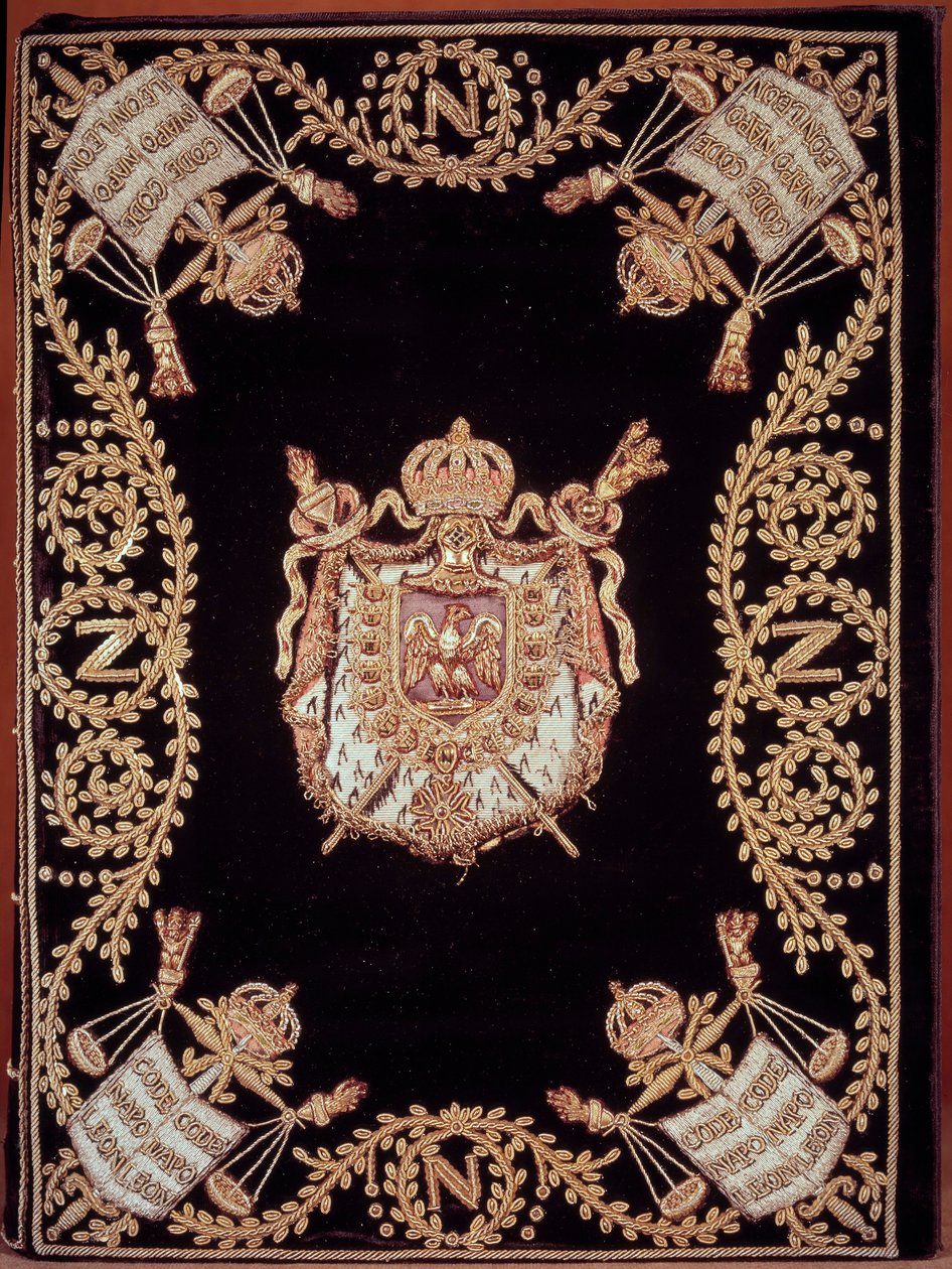 Einband einer der zwölf Originalausgaben des „Code civil des français“ verkündet von Napoleon Bonaparte am 21.03.1804. Es ist in Samt mit Gold- und Silberstickerei mit dem Emblem der Gerechtigkeit und den Waffen des Kaisers gebunden. Französisches Zivilges von French School