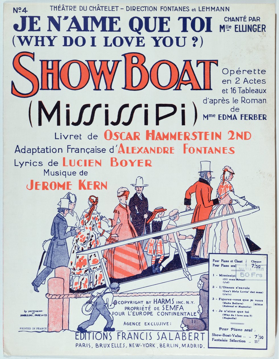 Titelblatt der Partitur der Operette Showboat, produziert im Theatre du Chatelet 1928 von French School
