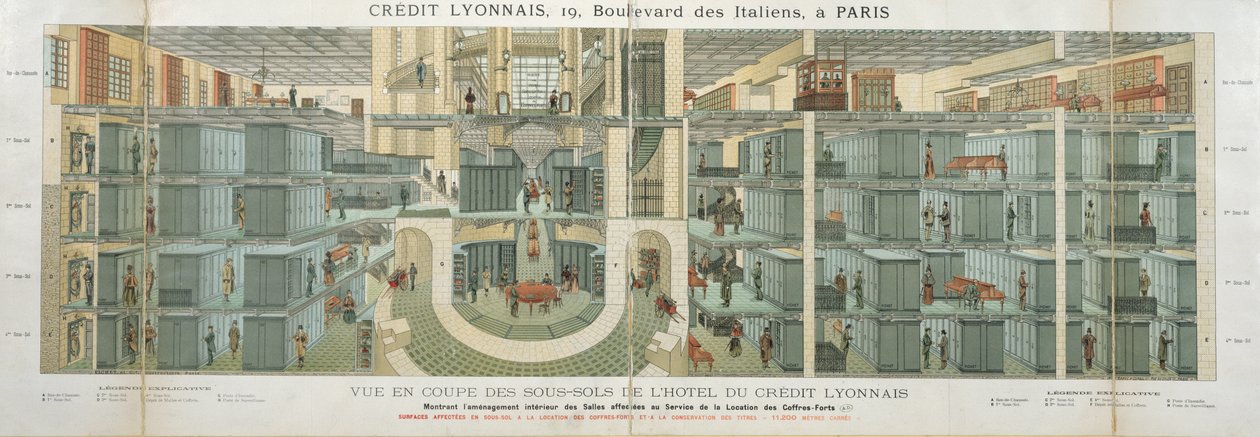 Querschnitt des Kellers des Crédit Lyonnais, Boulevard des Italiens 19, um 1878-82 von French School
