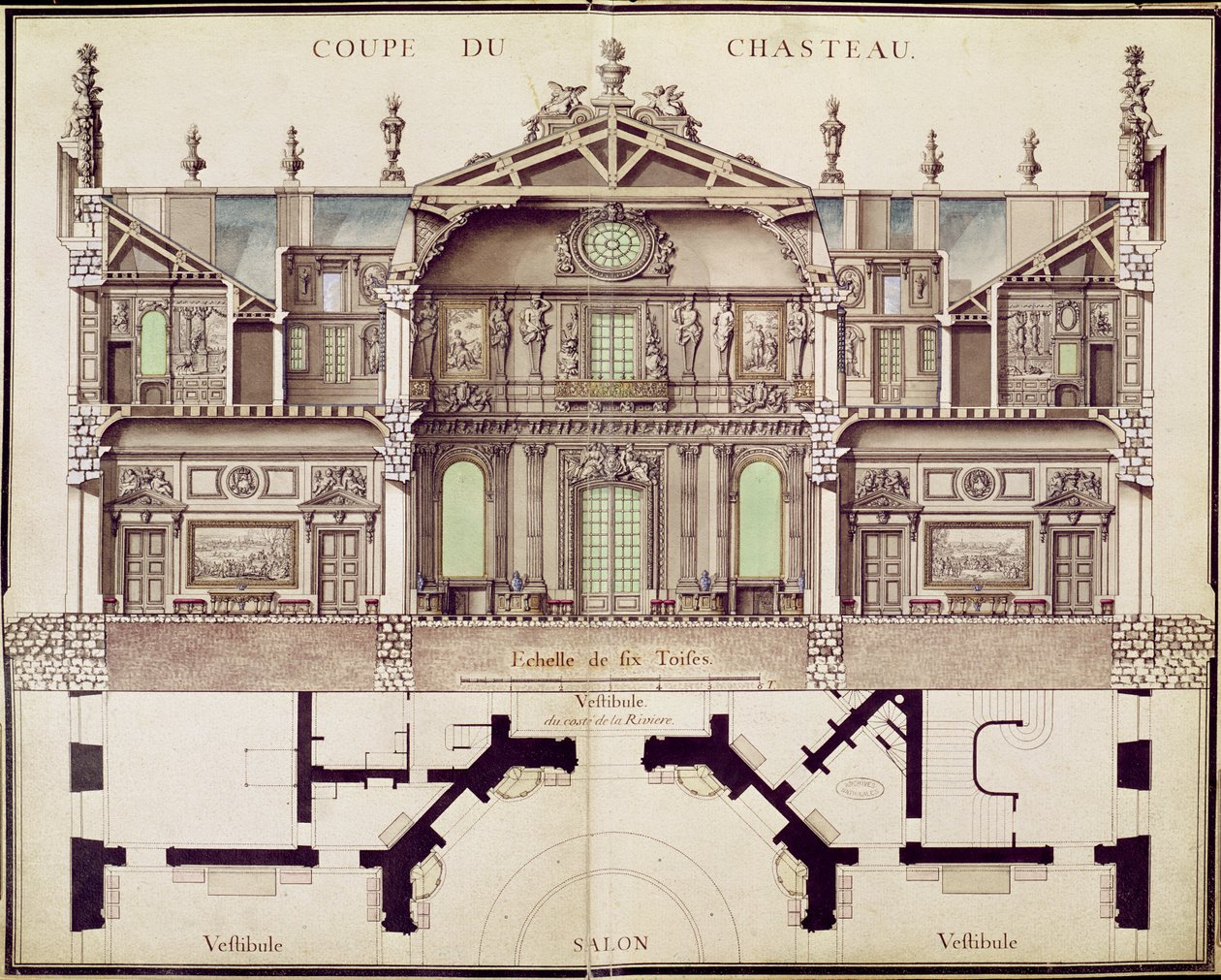 Querschnittsplan des Schlosses von Marly, 1714 von French School