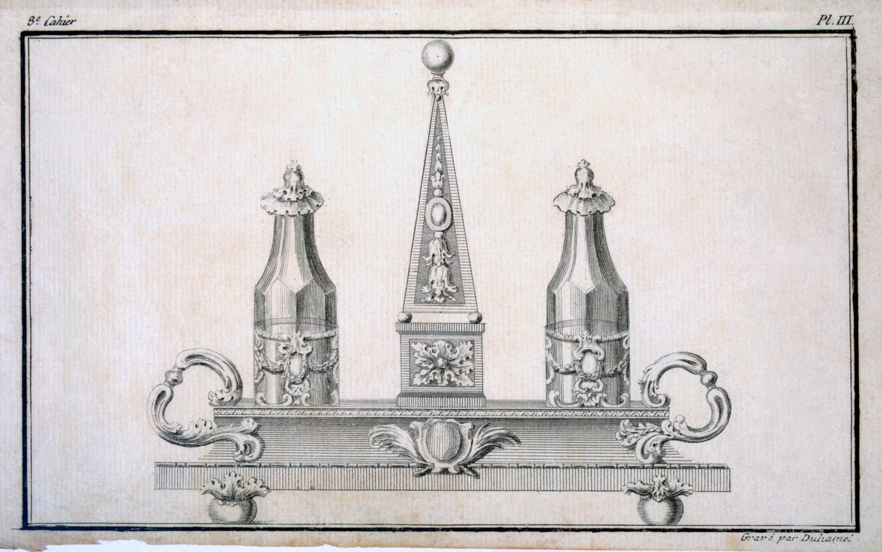 Menage-Set auf Ständer, aus einem Musterbuch für neoklassizistische Metallarbeiten zusammengestellt von Duhamel, ca. 1770er-80er Jahre von French School