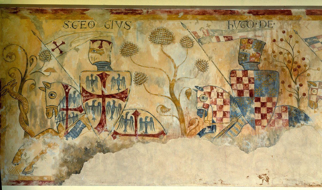 Kreuzzug: Abreise der Ritter zum Kreuzzug: Darstellung von St. Georg und Hugo I. von Vermandois (1057-1102) oder Hugo XII. von Lusignan. Detail (Fresko von Saint Jacques de Gueret) von French School