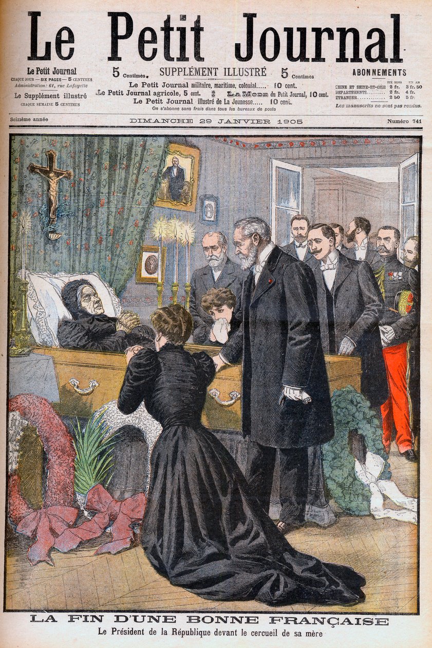 Tod der Mutter von Präsident Loubet von Frankreich. Das Ende einer guten Französin. Der Präsident der Republik vor dem Sarg seiner Mutter. Illustration für Le Petit Journal, 29. Januar 1905 (Gravur) von French School