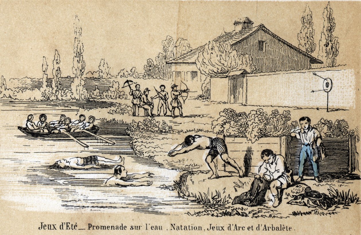Beschreibung der Freizeitaktivitäten und Spiele von Kindern: Spiele im Freien im Sommer und Wasserspiele, Schwimmen, Planschen, Bogenschießen und Armbrust. Tafel „les jeux de l