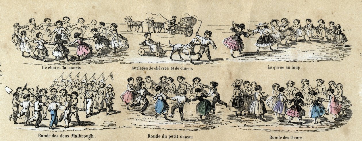 Beschreibung der Freizeitaktivitäten und Spiele von Kindern: Die Runden. Tafel „Die Spiele der Kindheit“ in „Les Recreations instructives“, Synoptisches Gemälde von Jules Delbruck, Gravur von 1860. Private Sammlung von French School
