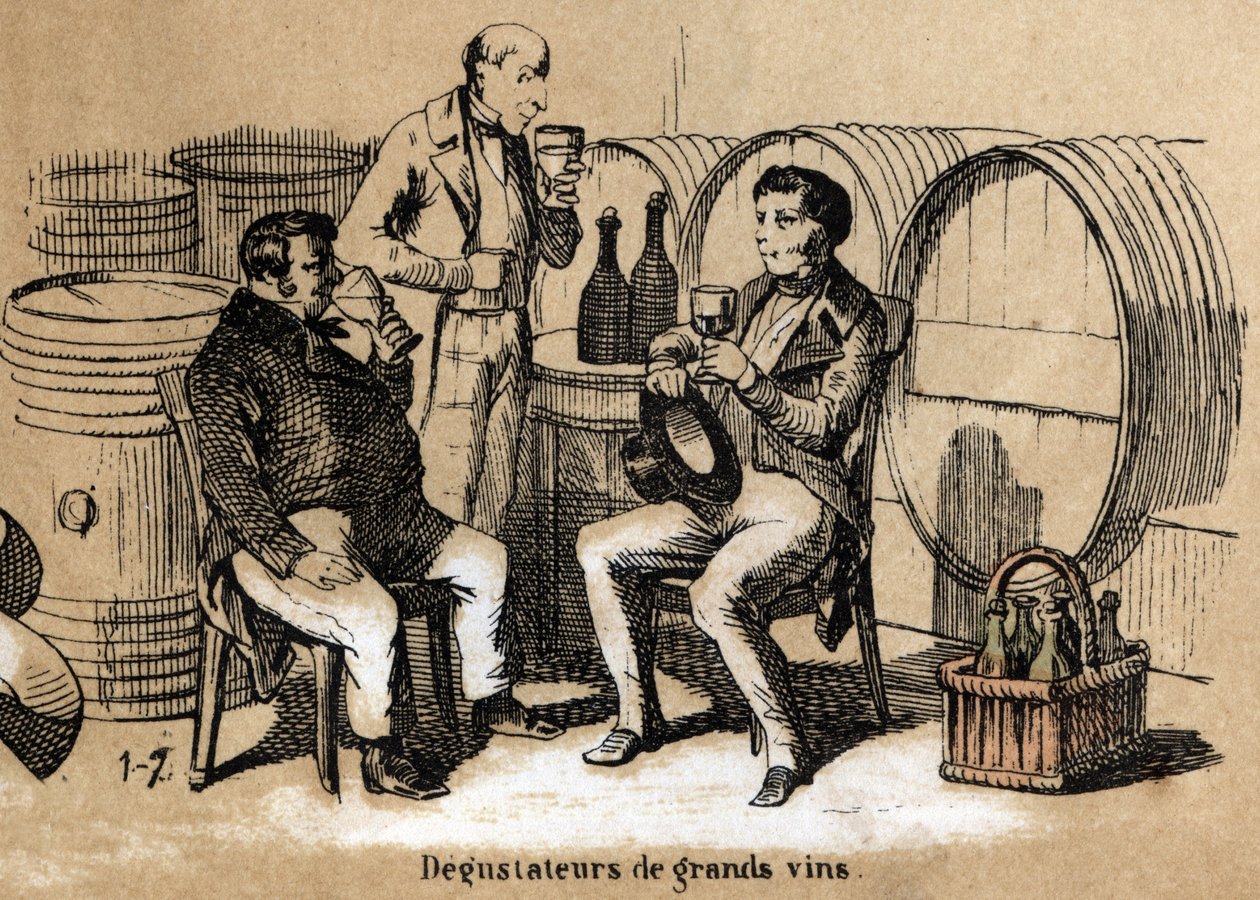 Beschreibung der fünf Sinne: Detail des Geschmacks, die Verkoster feiner Weine entwickeln den Gaumen in einem Keller. Tafel „Die fünf Sinne“ in „Die lehrreichen Erholungen“ Synoptisches Gemälde von Jules Delbruck, Gravur von 1860. Private Sammlung von French School