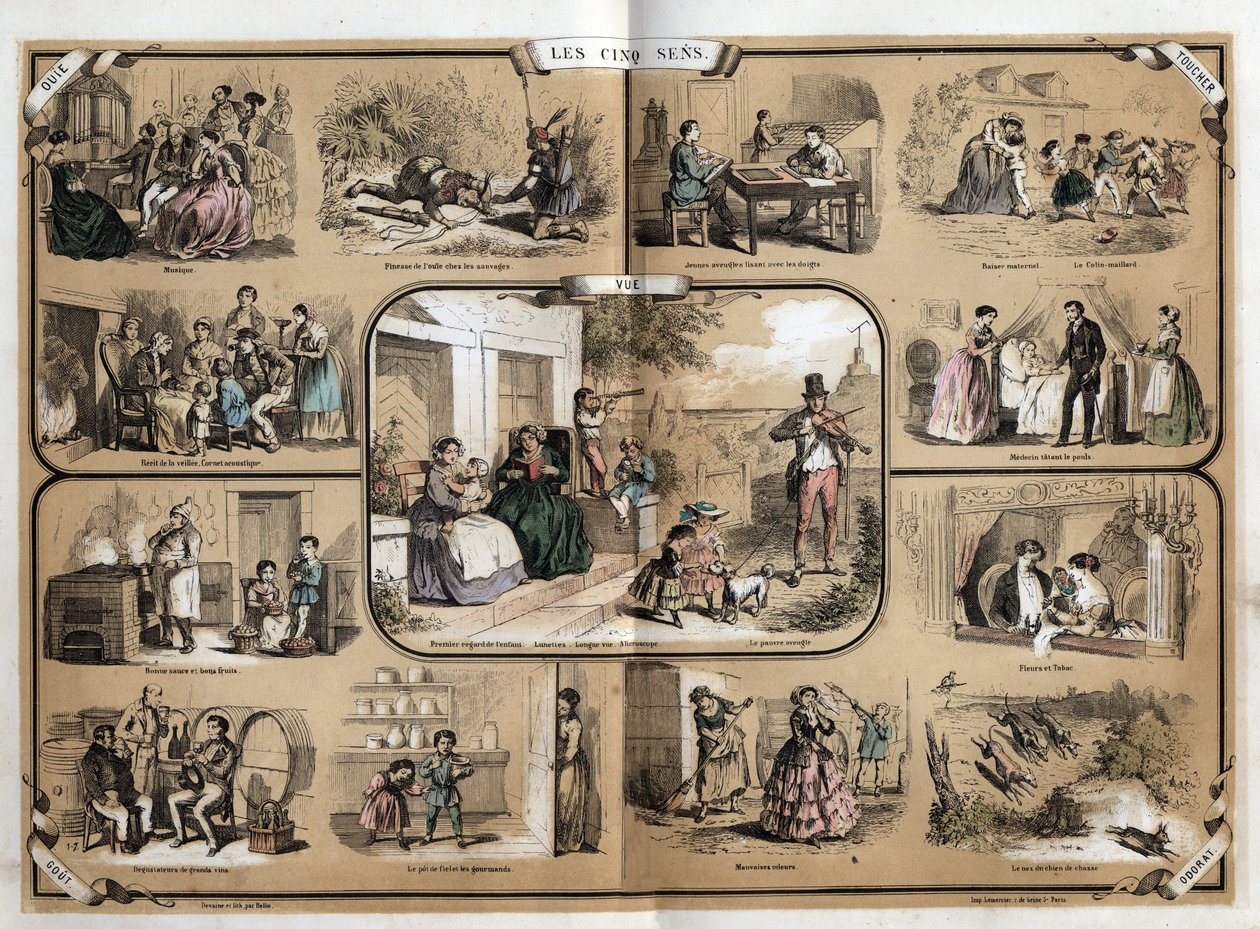 Beschreibung der fünf Sinne: Ansicht, von links nach rechts und von oben nach unten, Hören, Tasten, Riechen und Schmecken. Tafel „Die fünf Sinne“ in „les Recreations instructives“ Synoptisches Gemälde von Jules Delbruck, Gravur von 1860. Private Sammlung von French School