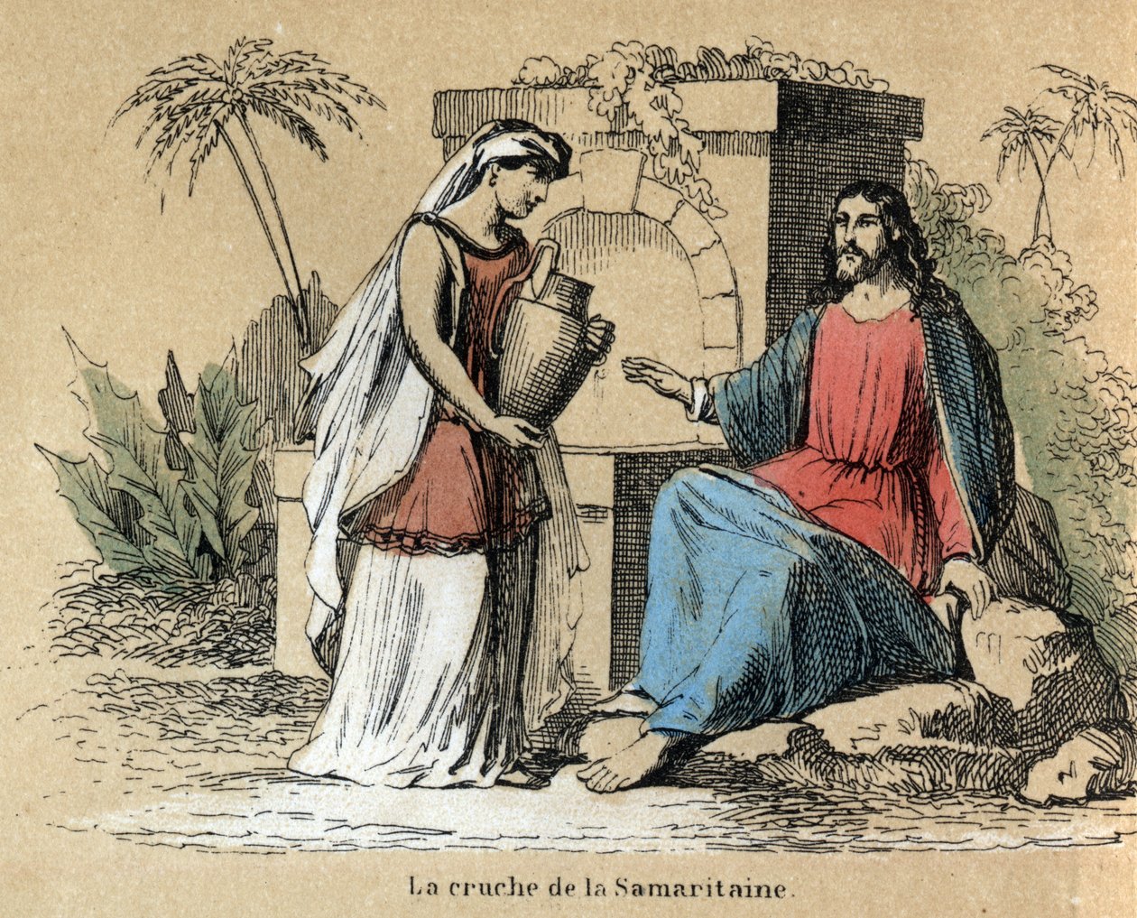 Beschreibung der verschiedenen Herstellungsschritte und Verwendungen von Ton: Jesus und die Samariterin tragen einen Tonkrug in der Bibel. Tafel „Der Ton und seine Produkte“ in „Les Recreations instructives“. Synoptisches Gemälde von Jules Delbruck, Gravur von French School