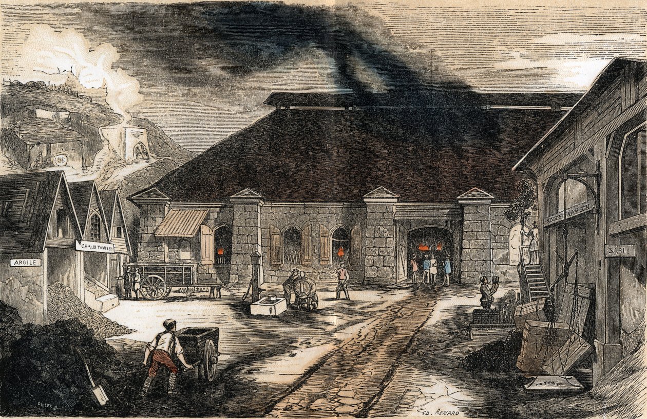Beschreibung der verschiedenen Herstellungsstufen und Verwendungen von Glas: Ansicht des Inneren einer Glasfabrik. Tafel „Das Glas und seine Produkte“ in „Die lehrreichen Erholungen“ Synoptisches Gemälde von Jules Delbruck, Gravur von 1860. Private Sammlun von French School