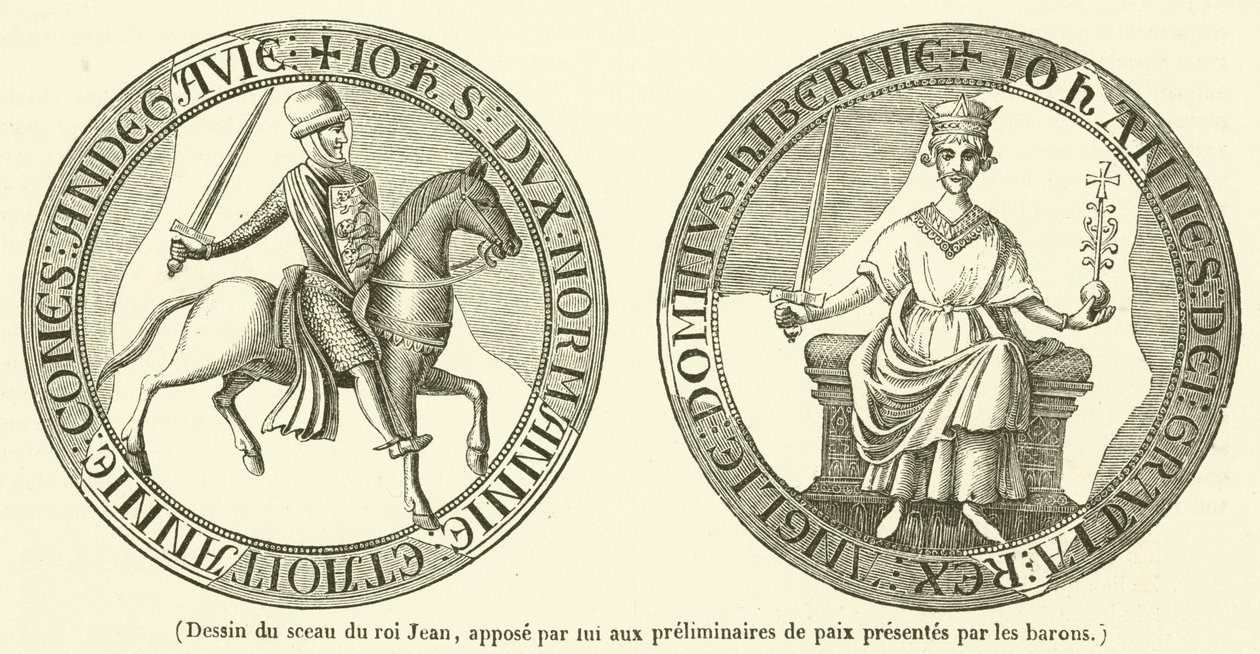 Zeichnung des Siegels von König Johann, angebracht an die Friedensvorverhandlungen der Barone von French School
