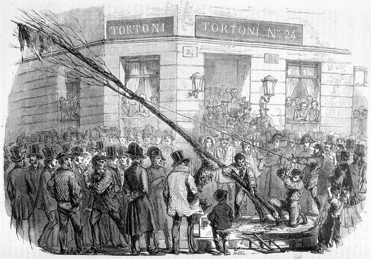 Zerstörung von Freiheitsbäumen (Februar - März 1850) - in „Zeitgenössische Geschichte Frankreichs“, Hachette, Paris von French School