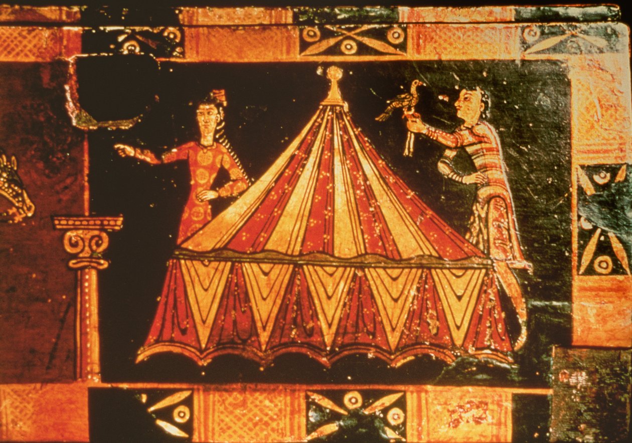 Detail von einer Hochzeitstruhe, die zwei Figuren bei einem Zelt zeigt (Detail) von French School