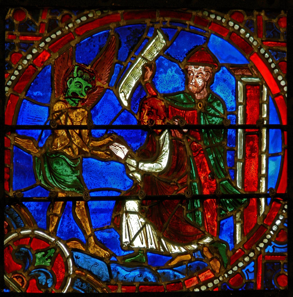 Detail eines Fensters mit Szenen aus dem Wunder des Theophilus von French School