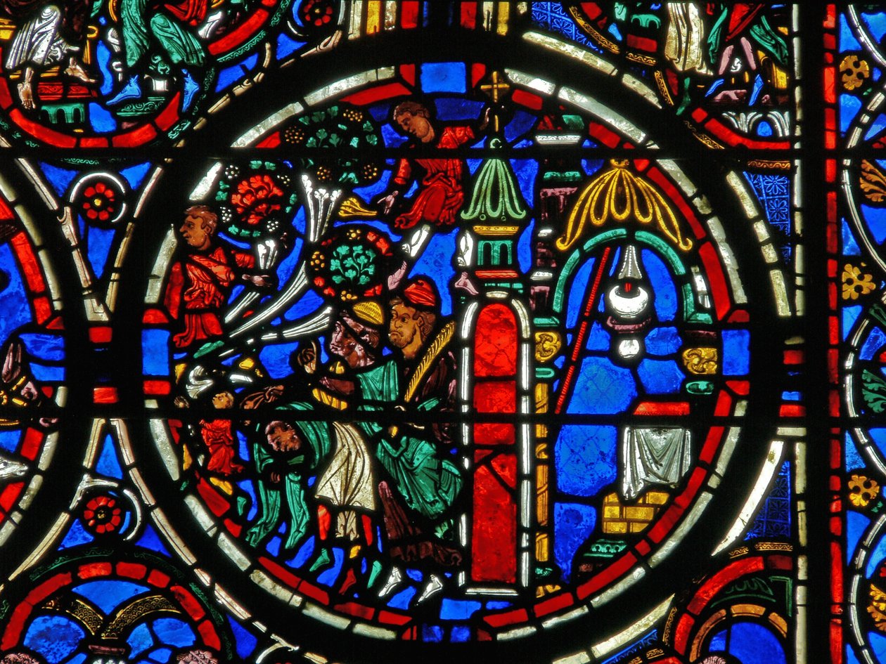 Detail eines Fensters, das die Passion darstellt: Christus wird bei seinem Einzug in Jerusalem begrüßt von French School