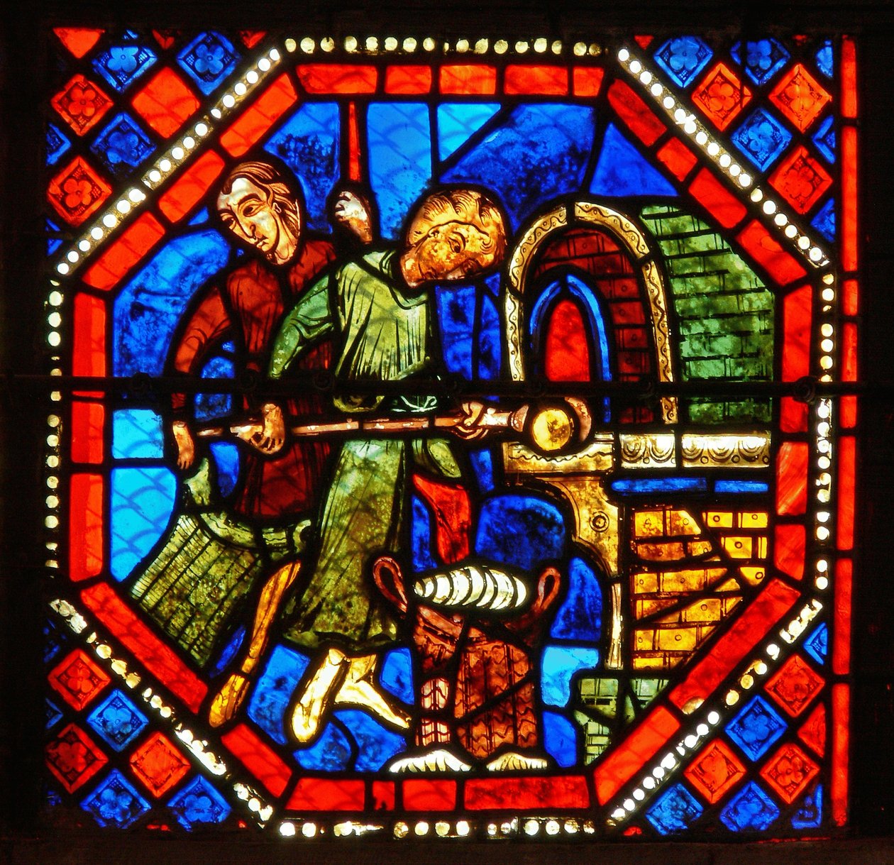 Detail aus dem Hl. Johannes Fenster: Bäcker bei der Arbeit von French School