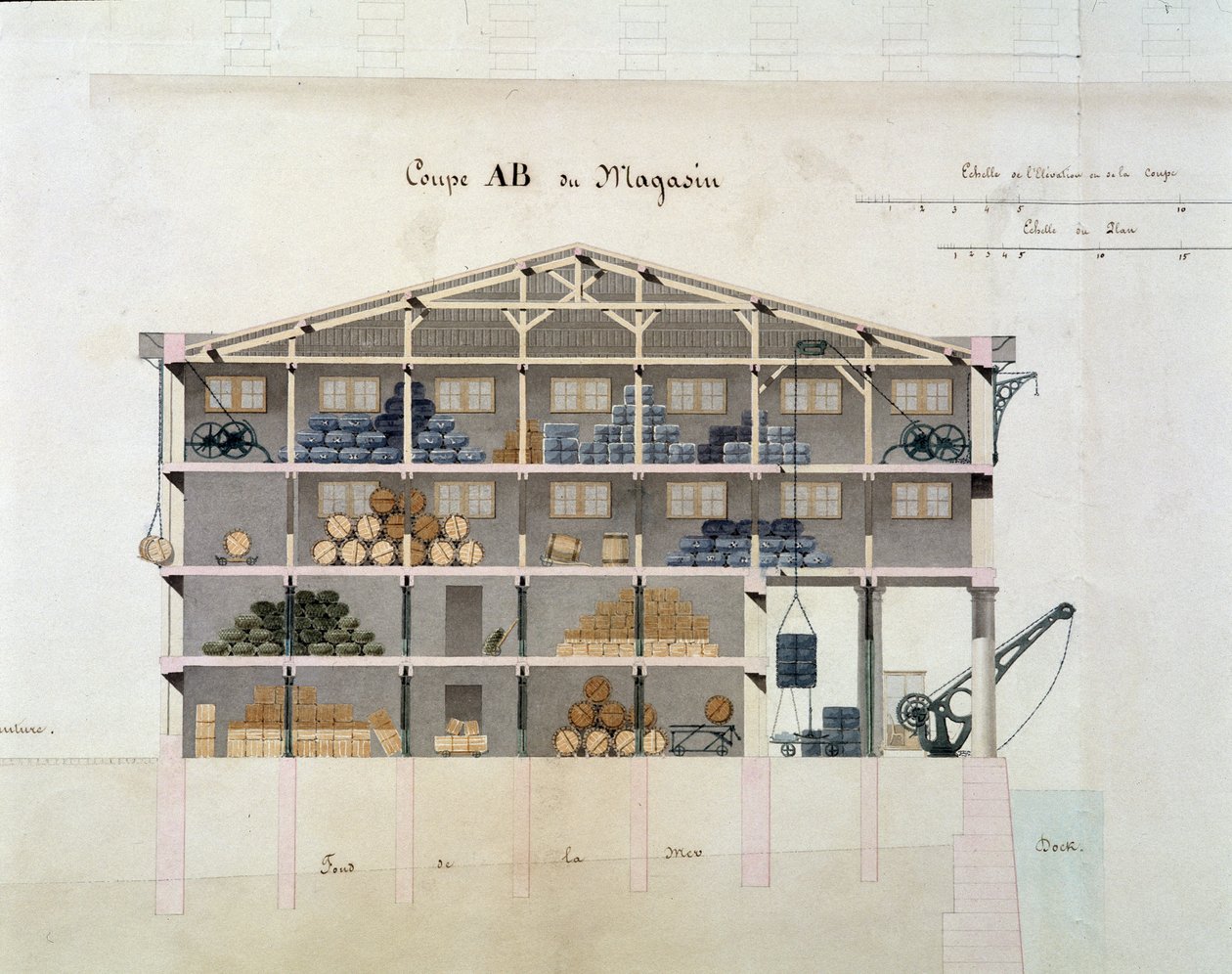 Detail von 22409: Stadt Marseille: Dock de la Tourelle - Detail eines der Lagerhäuser: Schnitt AB des Magazins von French School