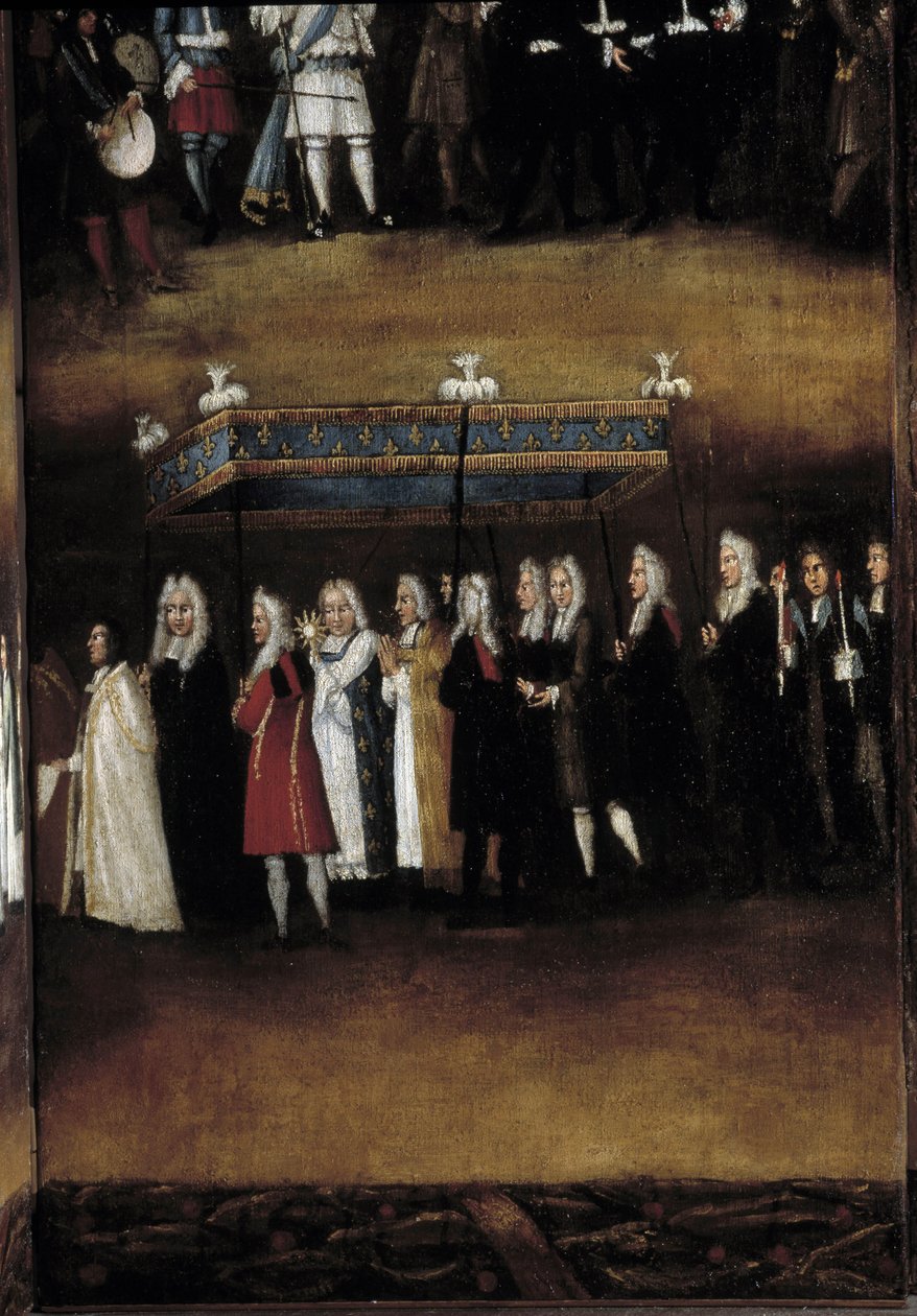 Detail eines Bildschirms aus dem 18. Jahrhundert, verwendet für das Fest Gottes (oder Fest des Allerheiligsten Sakraments) von French School
