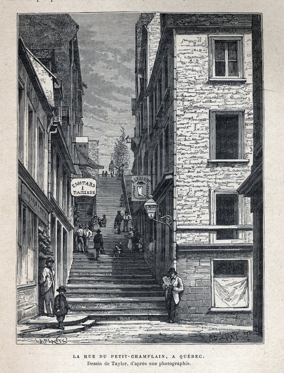 Entdecke Kanada: Rue du Peute Champlain in Quebec. Zeichnung von Taylor nach einem Foto. Gravur aus dem Ende des 19. Jahrhunderts in 