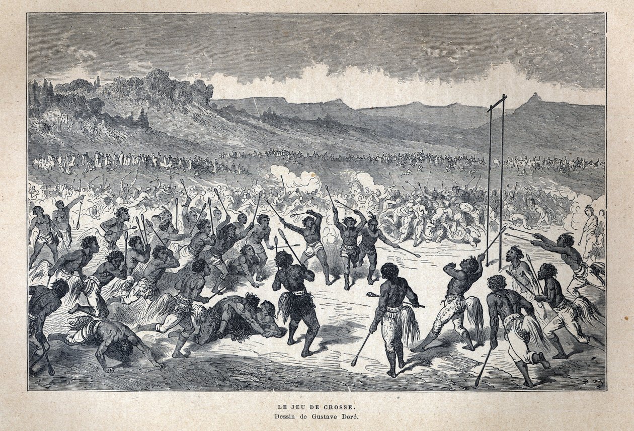 Entdecktes Kanada: Sport. Das Lacrosse-Spiel der amerikanischen Indianer. Zeichnung von Gustave Doré. Gravur aus dem späten 19. Jahrhundert in „La nouvelle France“ von Eugene Guenin von French School
