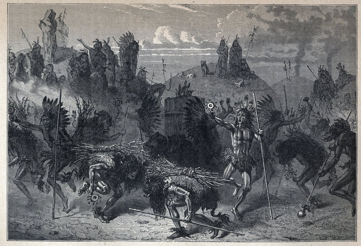 Entdeckung Kanadas: Der Tanz der Bisons in den Mondanes. Gravur aus dem späten 19. Jahrhundert in „La nouvelle France“ von Eugene Guenin. von French School