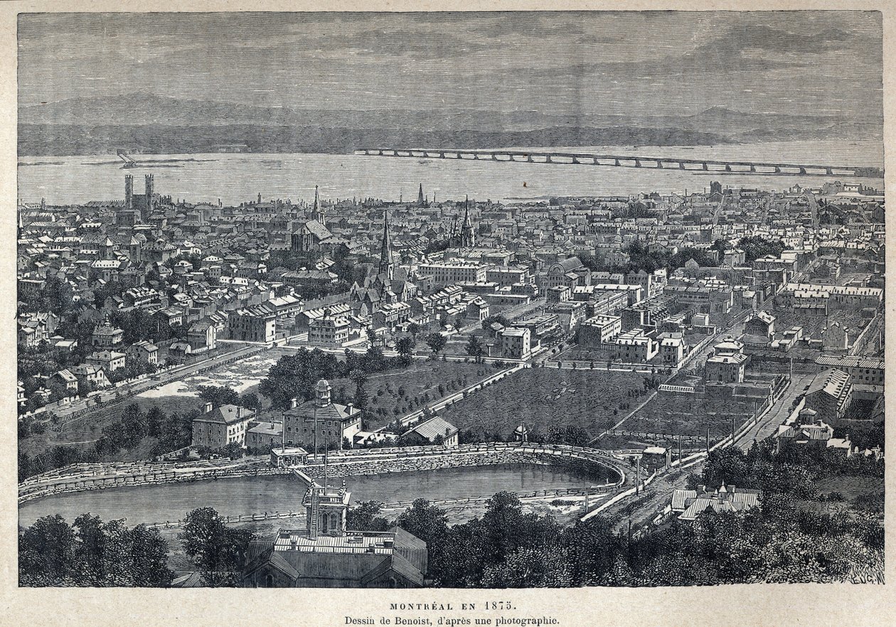 Entdeckung Kanadas: Blick auf die Stadt Montreal im Jahr 1875. Zeichnung von Benoist nach einer Fotografie. Gravur aus dem späten 19. Jahrhundert in "La nouvelle France" von Eugene Guenin. von French School