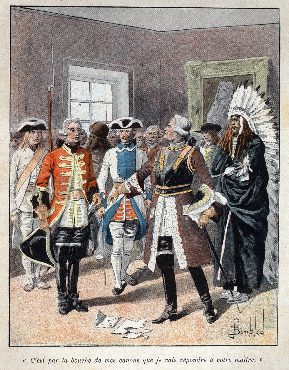 Entdeckung Kanadas: Louis de Buade, Graf von Frontenac (1622-1698), empfängt den Gesandten des englischen Gouverneurs der Kolonie Massachusetts (1651-1695) William Phips und antwortet ihm: „Es ist durch das Mündungsfeuer meiner Kanonen, dass ich Ihrem Herr von French School