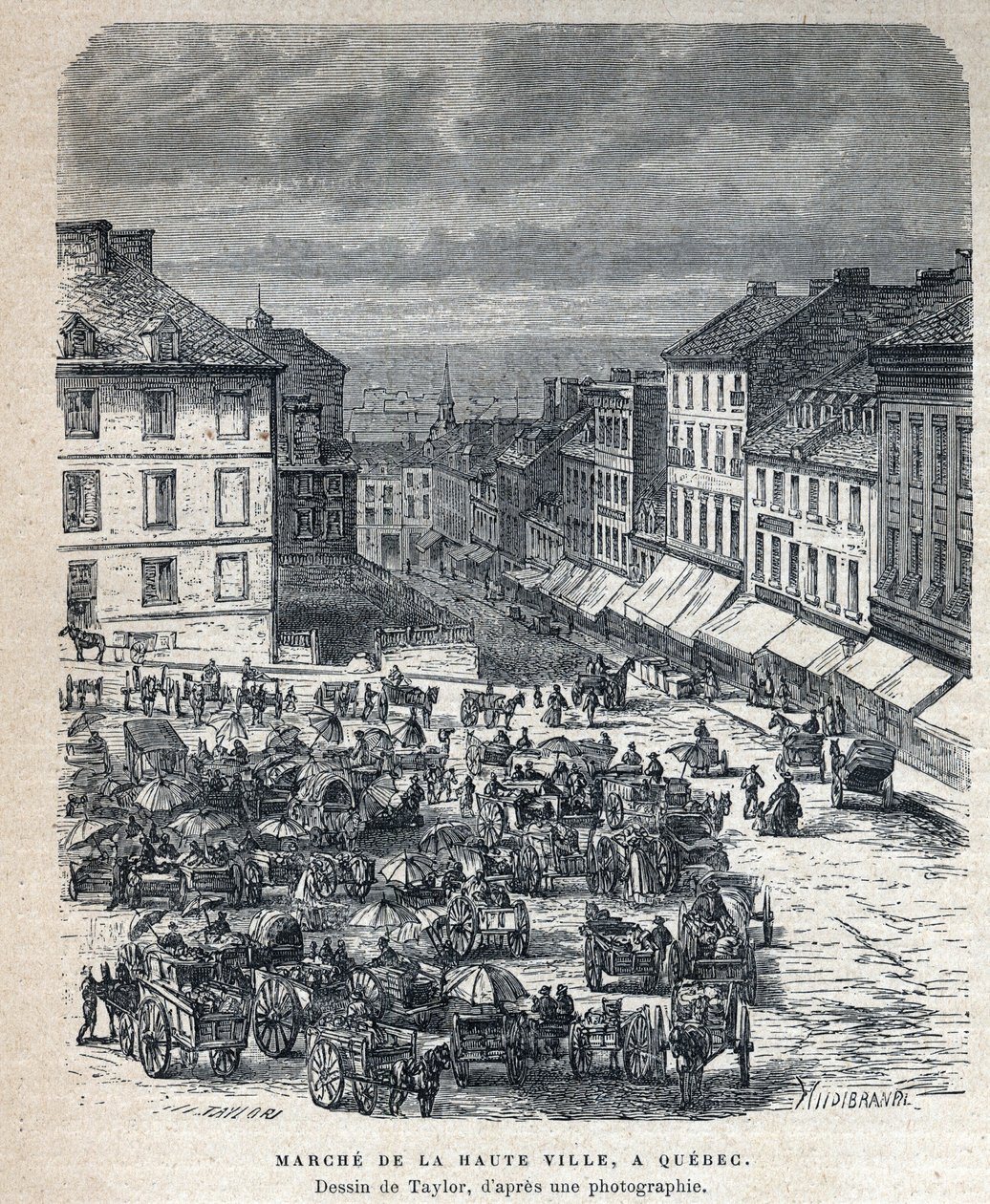 Entdeckung Kanadas: Marsch von der Oberstadt nach Quebec. Zeichnung von Taylor nach einer Fotografie. Gravur aus dem späten 19. Jahrhundert in „La nouvelle France“ von Eugene Guenin. von French School