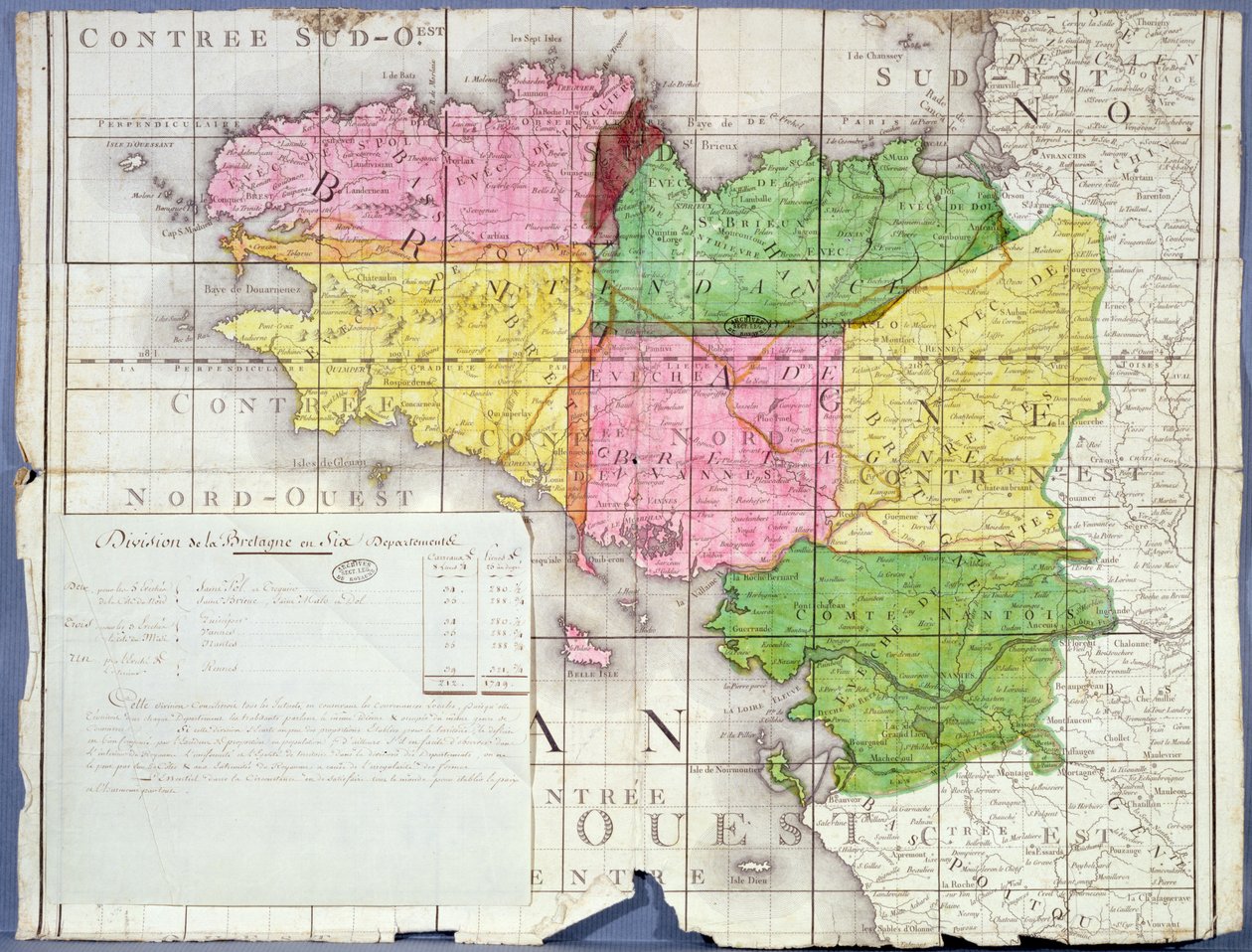 Einteilung der Bretagne in sechs Departements, ca. 1789-90 von French School