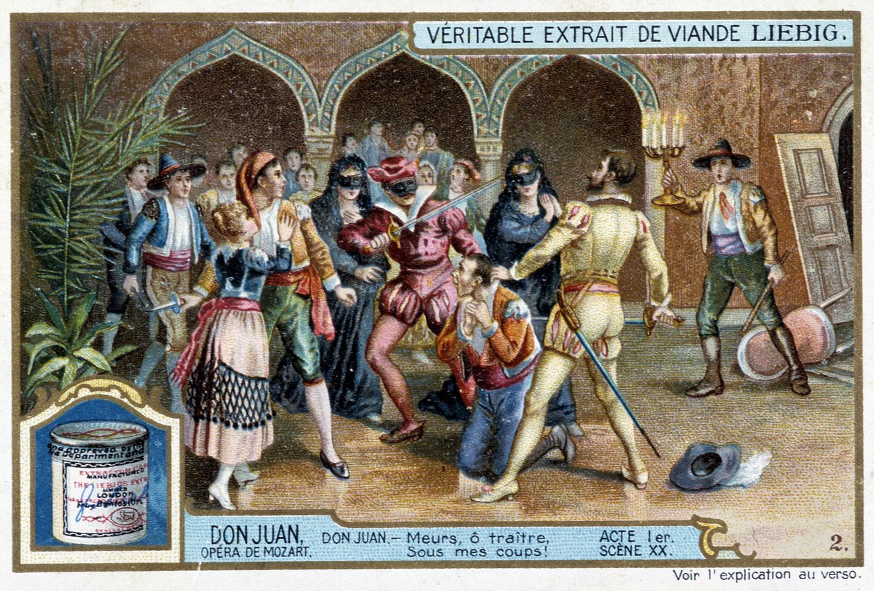 Don Juan: Akt I, Szene XX, Don Juan auf dem Maskenball - Chromo Liebig von French School
