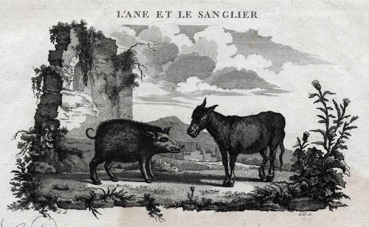Esel und Wildschwein. Fabel von Äsop. (Griechischer Schriftsteller Äsop, 6. Jahrhundert v. Chr.) Geschrieben von Guillaume Montfort und graviert von Beauble im Jahr 1801. von French School