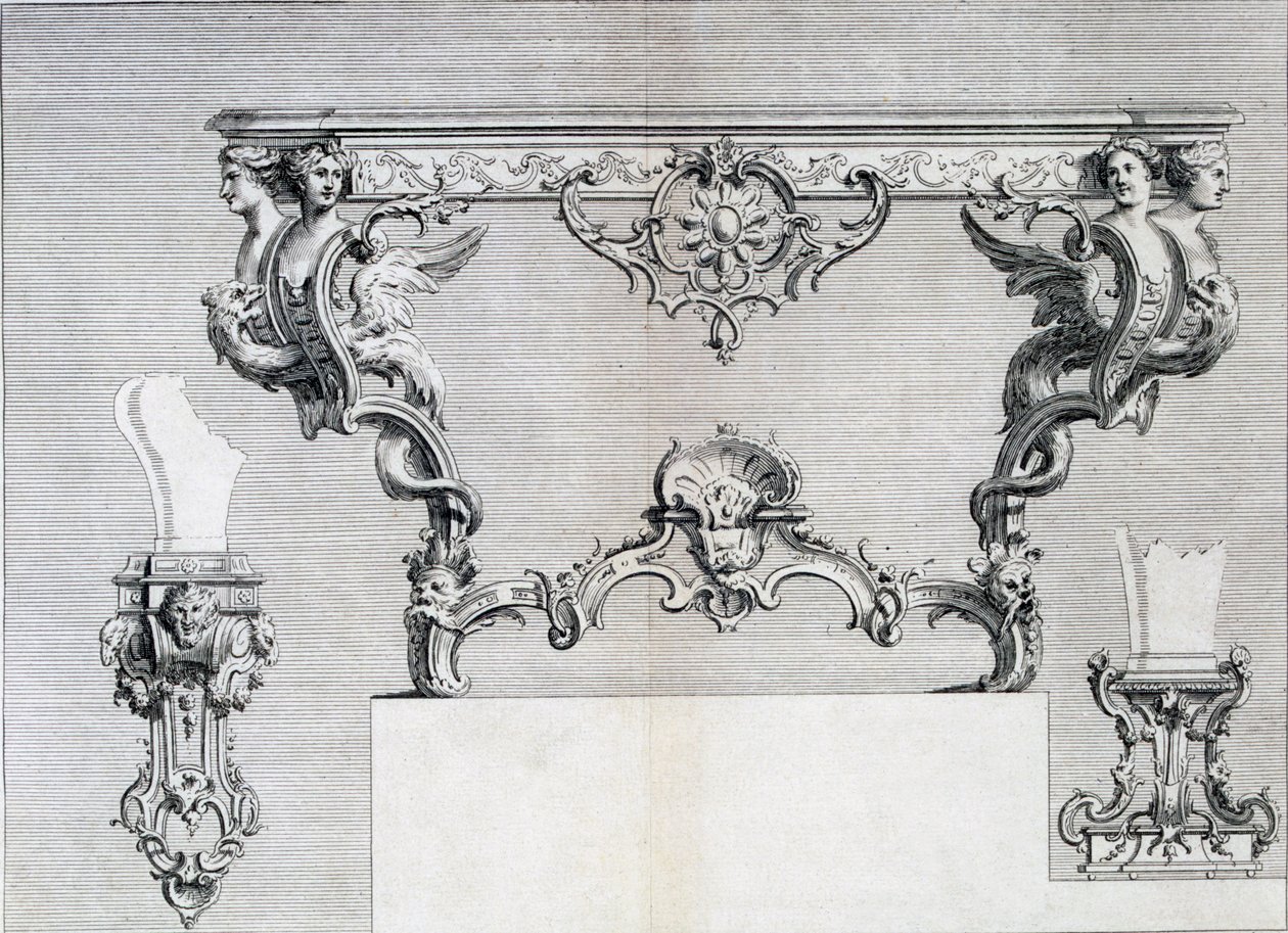 Doppelarmiger Kerzenhalter mit Rokoko- und klassischen Elementen, aus einem Musterbuch für neoklassizistische Metallarbeiten zusammengestellt von Duhamel, ca. 1770er-80er Jahre von French School