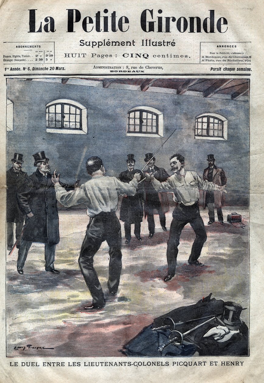 Dreyfus-Affäre: Das Duell zwischen den Oberstleutnants Georges Picquart (1854-1914) und Hubert Henry (1846-1898) in der Militärschule in Paris. Titelblatt von „La petite Gironde“ vom März 1898. von French School