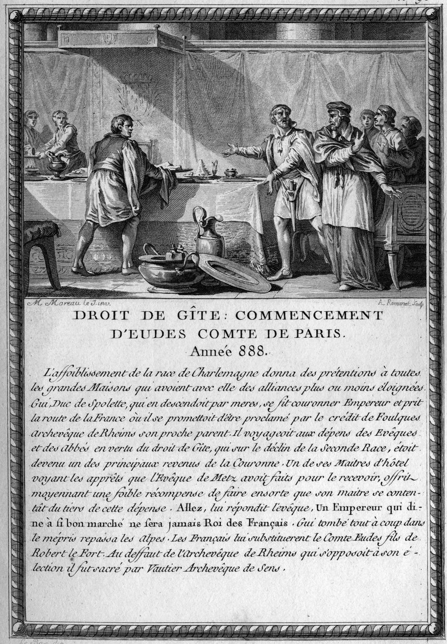 Droit de Gite, Beginn von Eudes, Graf von Paris, Jahr 888. König Guy (Gui) III., Herzog von Spoleto (gestorben 894), wurde vom Bischof von Metz unter dem Recht einer Hütte beherbergt (feudales Recht, das einem Herrn das Recht gibt, von seinem Volk beherber von French School