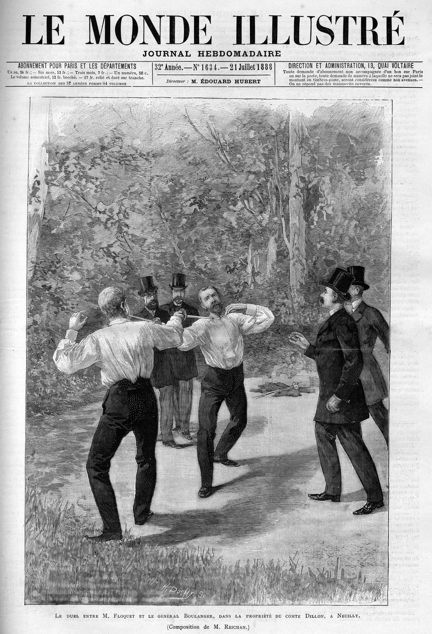 Duell zwischen Charles Floquet (1828-1896) und General Boulanger (1837-1891) im Jahr 1888 nach einem verbalen Austausch im Haus. von French School
