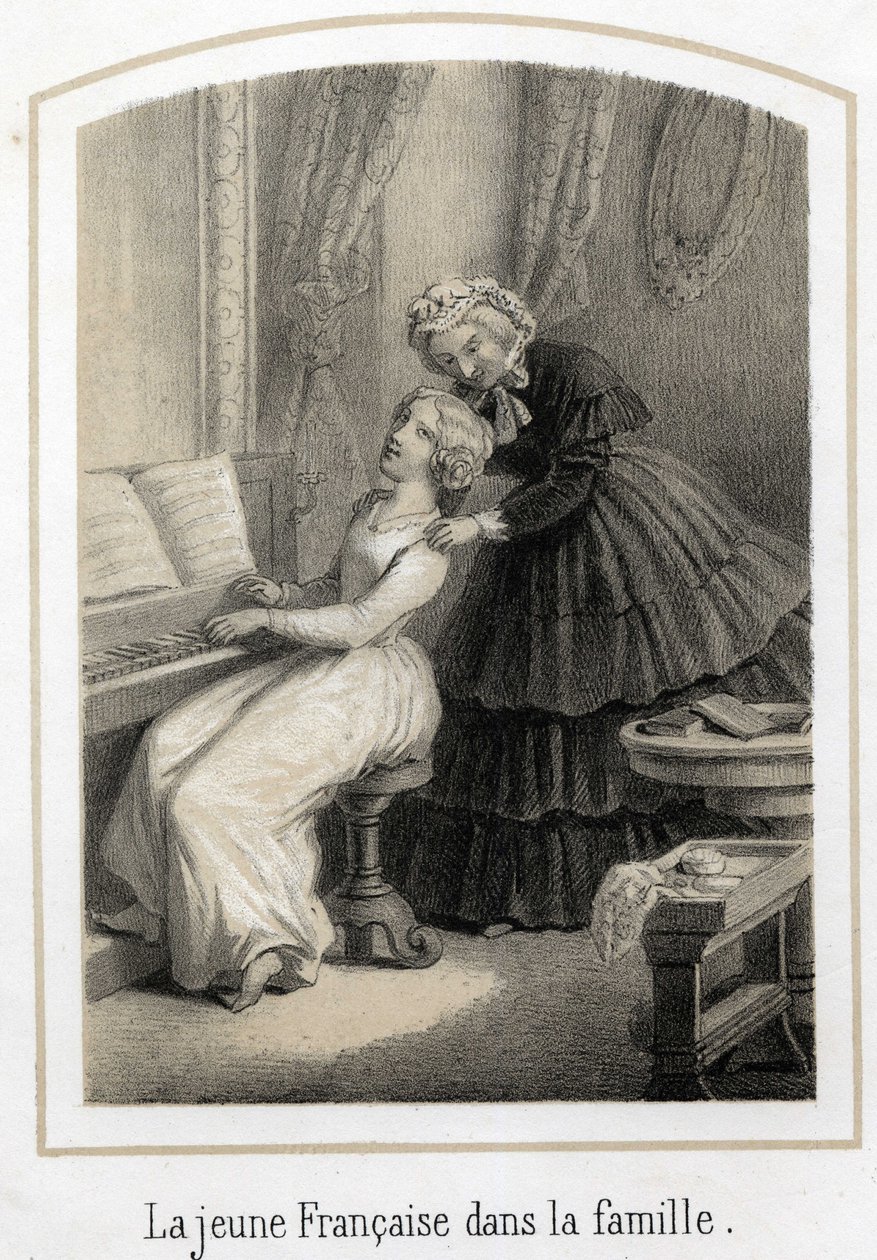 Erziehung für junge Mädchen aus guten Familien: Eine junge Französin, die auf dem Klavier sitzt, wird von ihrer Haushälterin übernommen. Anonyme Gravur des 19. Jahrhunderts von French School
