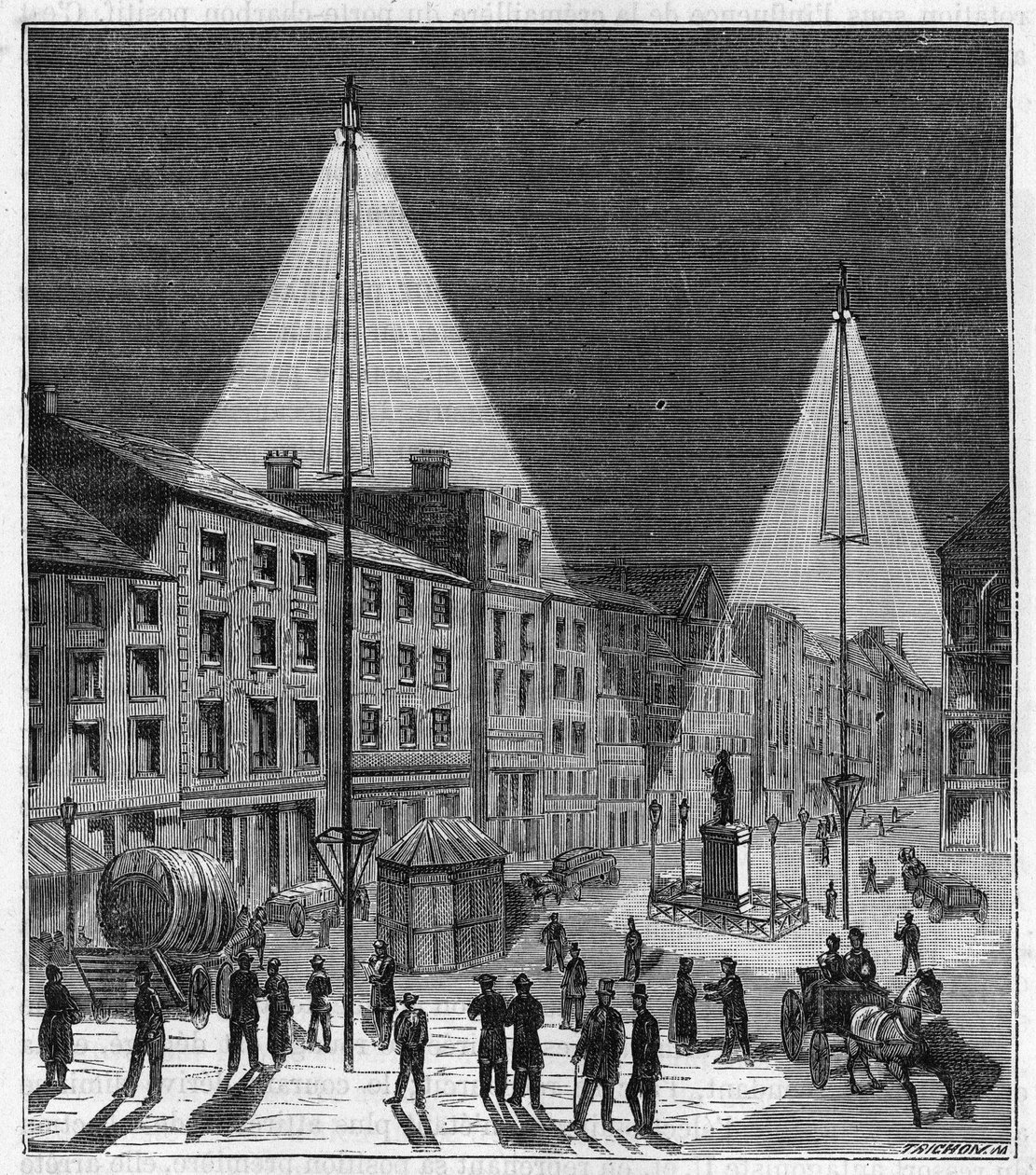Elektrische Beleuchtung der Stadt Norwich in England im 19. Jahrhundert - Gravur in „Sciences à la portée de tous - Physique et chimie populaires“ von Alexis Clerc - Spätes 19. Jahrhundert von French School