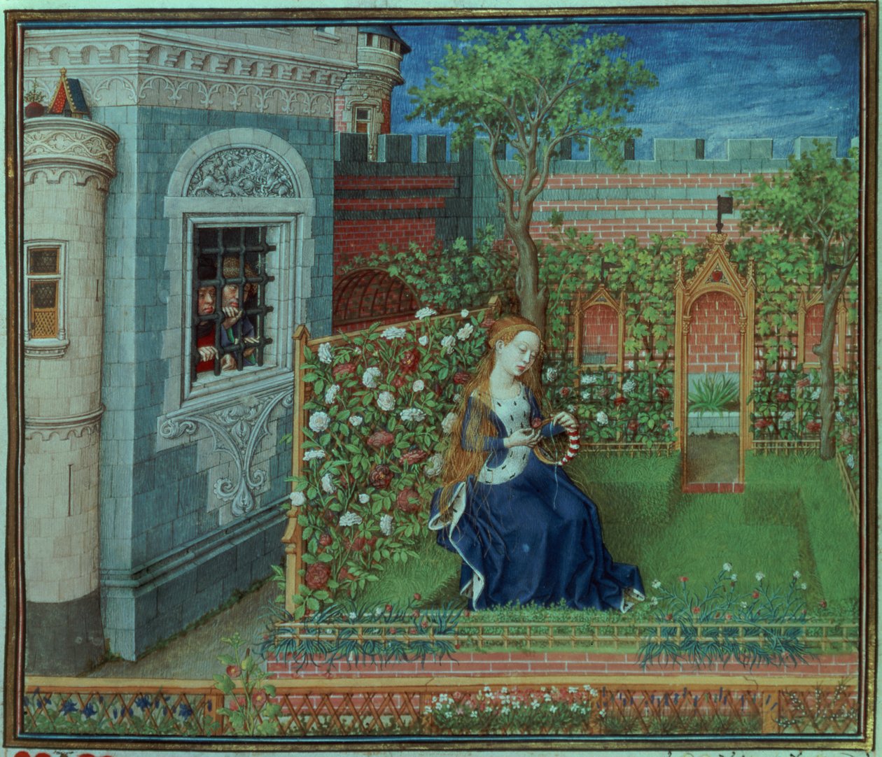 Emelye in ihrem Garten. Die gefangenen Ritter Palamon und Arcite, aus den Stunden des Herzogs von Burgund von French School