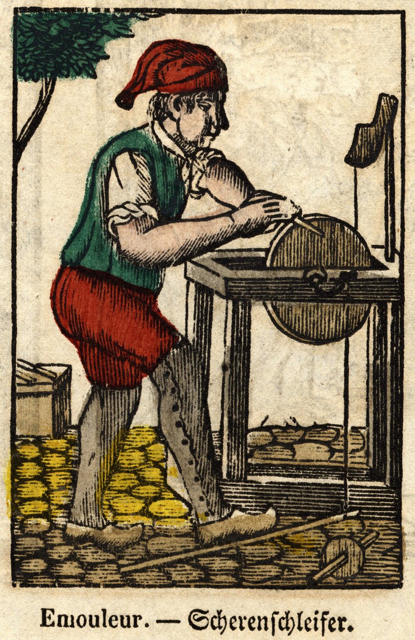 Schleifer (besteht im Schärfen von Objekten mit dem Schleifrad); Serie über Handwerke, Epinal-Bild 19. Jahrhundert von French School