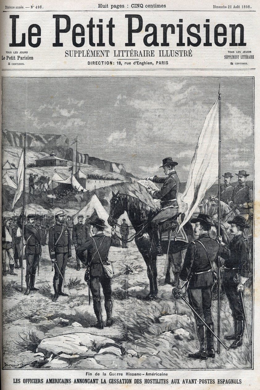 Ende des Spanisch-Amerikanischen Krieges 1898. Amerikanische Offiziere verkünden den Waffenstillstand an den spanischen Außenposten. Gravur in „Le petit Parisien“ von 1898 von French School