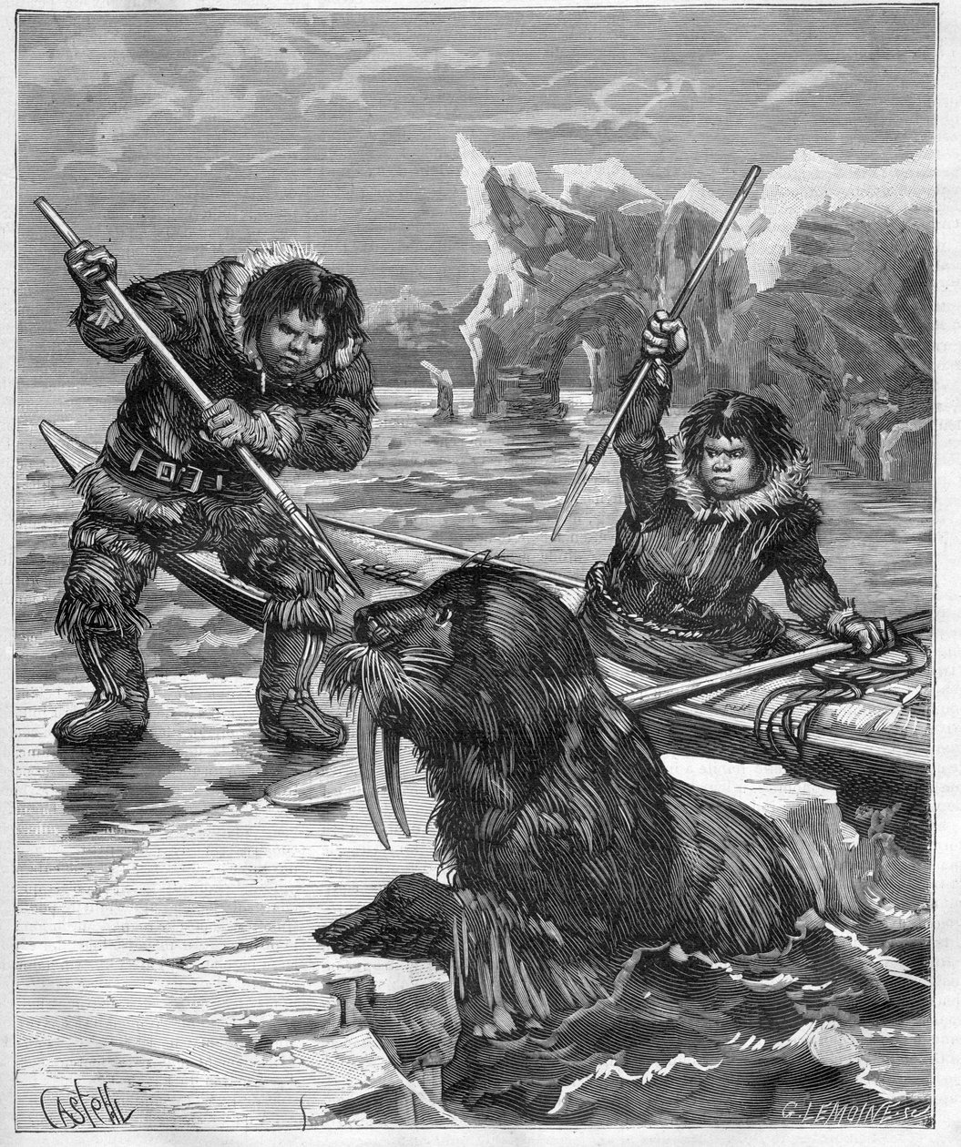 Eskimos - Walrossfischen - Eskimos - Walrossfischen im Jahr 1888 - - Gravur in „Journal des Voyages“ 1888 von French School
