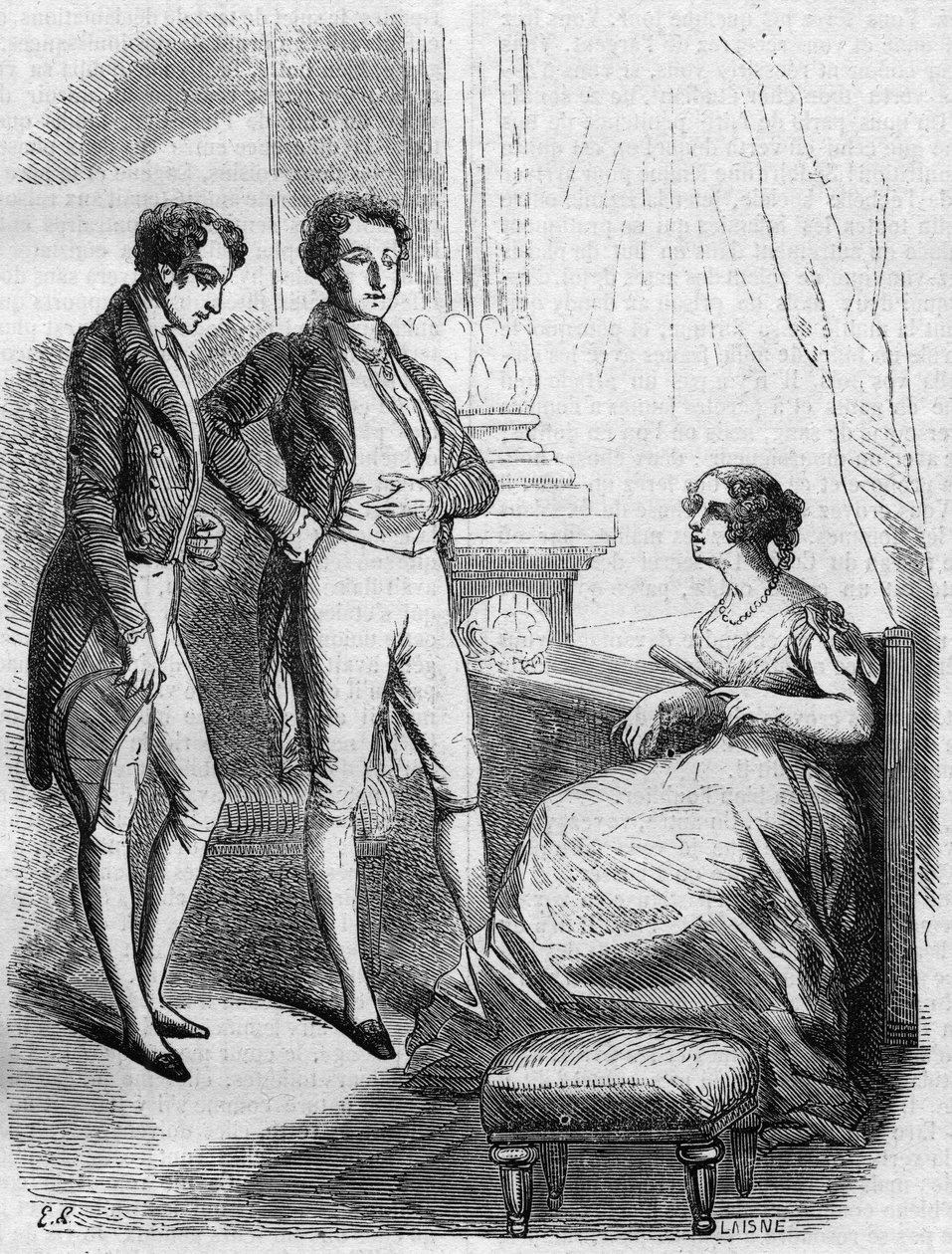 Eugène de Rastignac wird Madame de Nucingen vom Marquis von Adjuda vorgestellt. Gravur Mitte des 19. Jahrhunderts. Illustration für „Vater Goriot“ von Honoré de Balzac (1799-1850) von French School