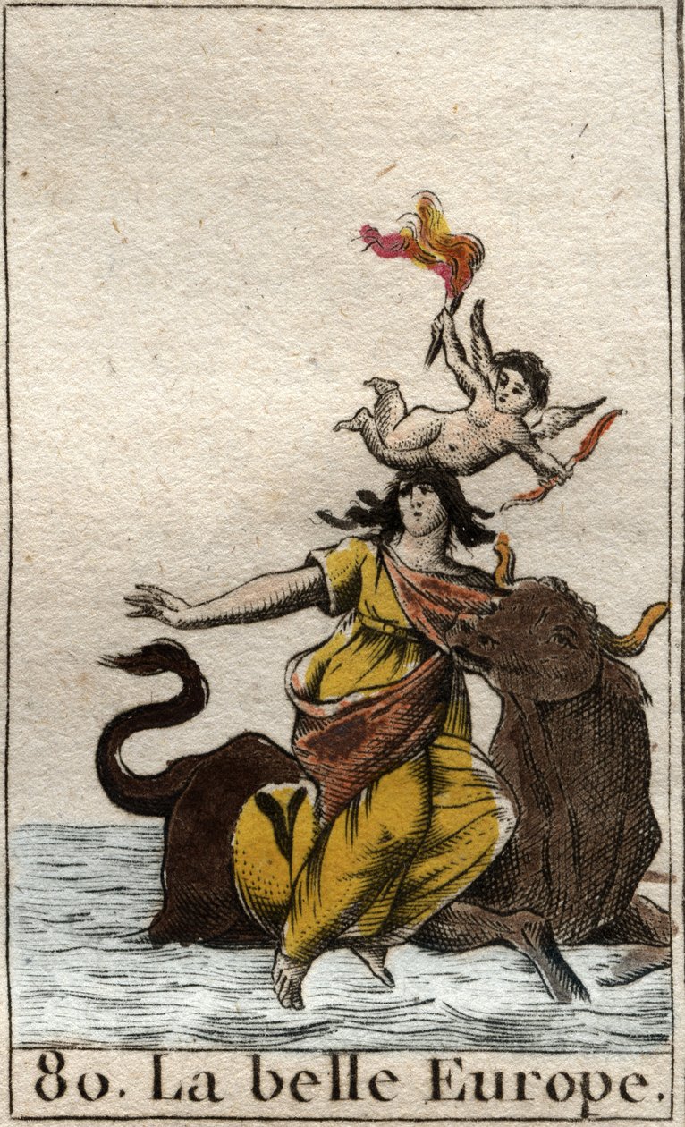 Europa wird von Zeus in Gestalt eines Stiers entführt. Aus „Mythologie der Jugend“ von Pierre Blanchard 1803. von French School
