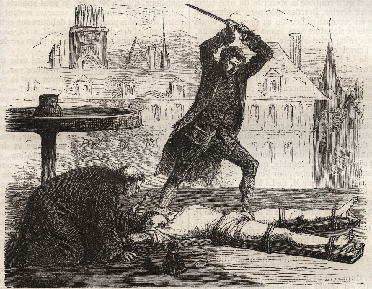 Hinrichtung (Le torice de la roue) des Giftmischers Antoine-Francois Desrues (1744-1777) auf der Place des Greves in Paris im Jahr 1777 - Bestrafung von Desrues, auf dem Rad gebrochen auf der Place de Greve in Paris von French School