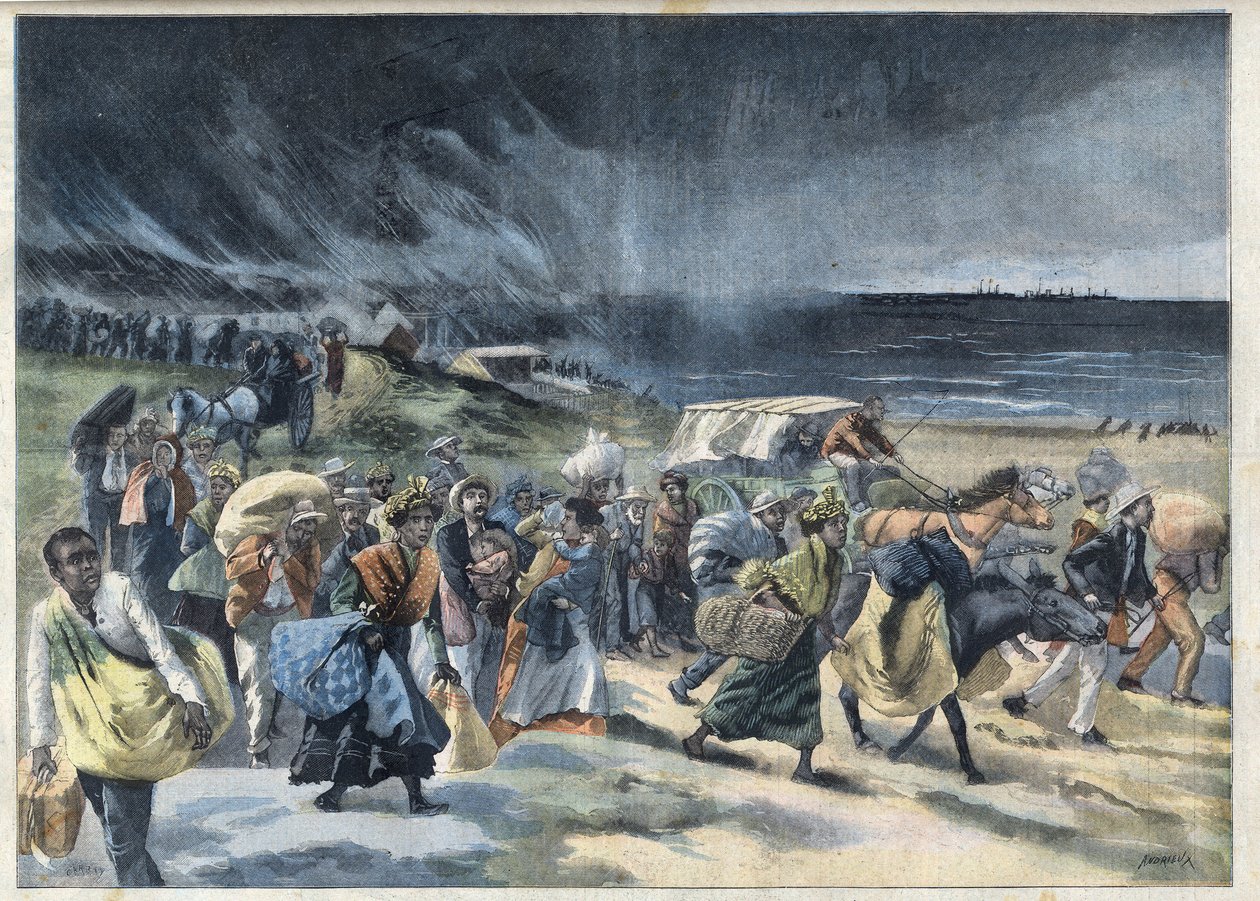 Exodus der Bewohner von Fort-de-France nach dem Ausbruch des Vulkans Montagne Pelee auf Martinique. Gravur in „Le Petit Parisien“. von French School